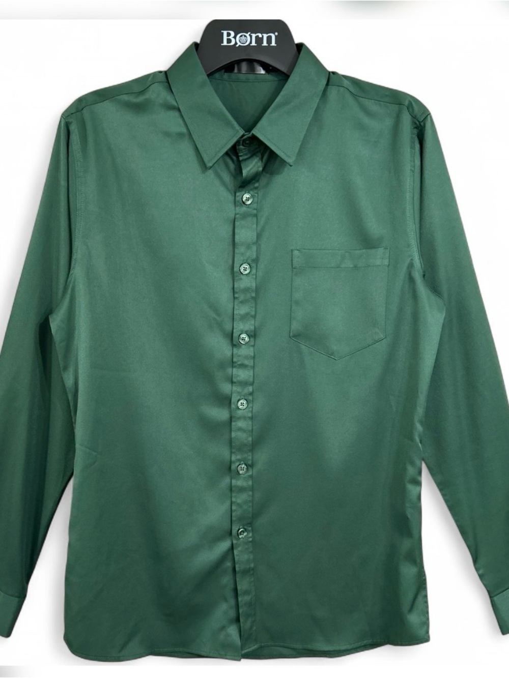 Men’s Long-Sleeve Green Dress Shirt S, W/Front Pocket, Lightweight & Soft Fabric